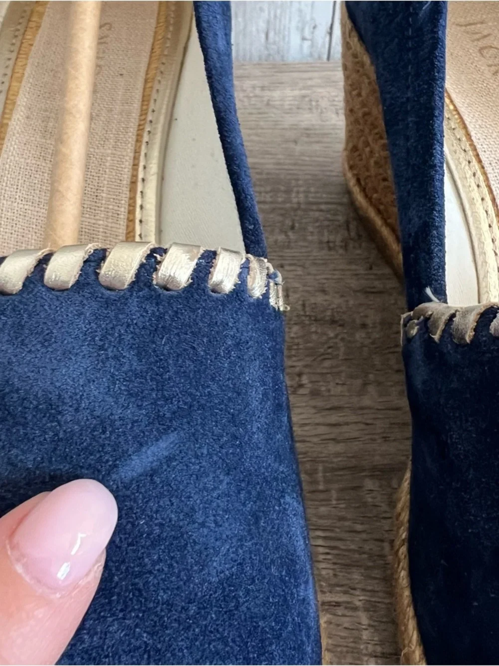Jack Rogers Navy Gold Espadrille Wedge Peep-Toe Preppy Nautical Cape Size 9
